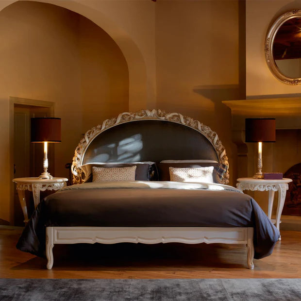 Luxury hand‑carved Italian‑style king bed in teak wood with tufted headboard for Modern Bedrooms;