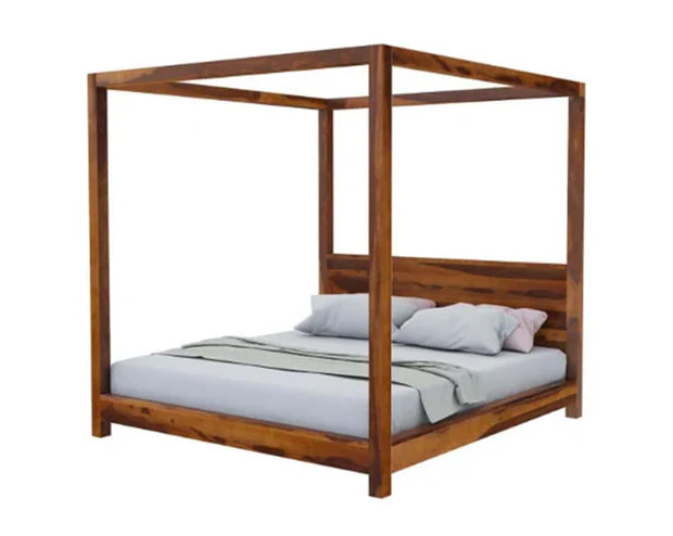 Wooden Bed Handcrafted Poster Bed – Elegant Natural Finish with Grand Canopy Frame, Available in Queen and King Sizes