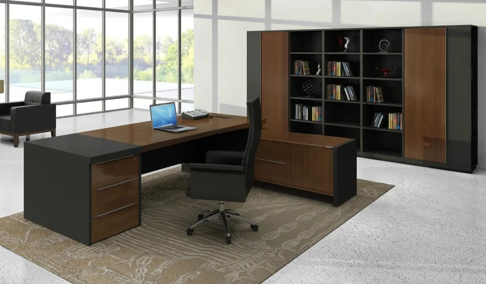 Director L-Shape Table Luxury Modern Office Desk Made in MDF with Wire Manager Side Unit and Openable Storage