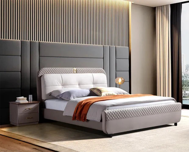 Modern Designer King Size Bed ;Upholstered, Headboard, Teakwood ; Plywood Base, Premium Fabric with Storage