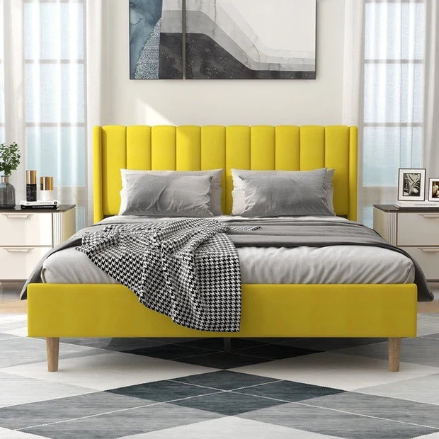 Modern Upholstered Bed – Headboard, Comfort, Solid Teakwood & Plywood Frame, Designer Legs