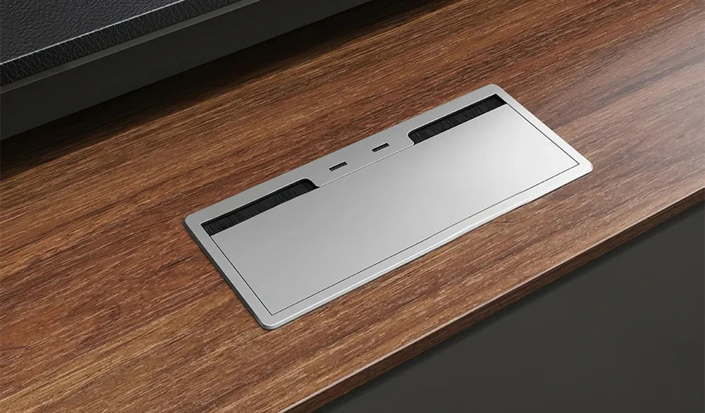 Director L-Shape Table Luxury Modern Office Desk with MDF & Walnut Laminate, Side unit Storage & Inbuilt Power Box