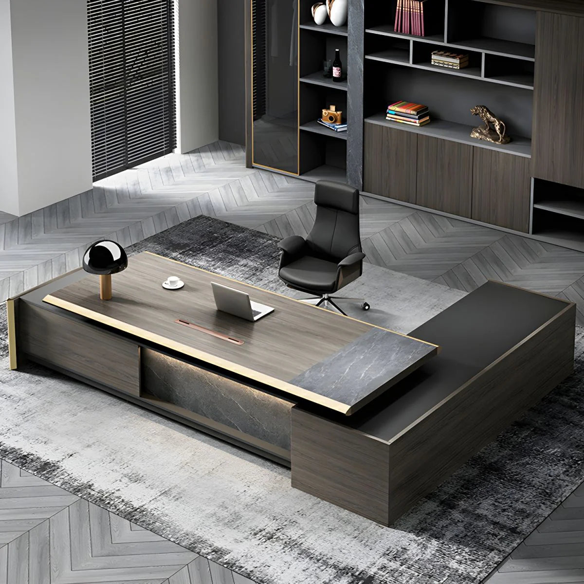 Director & Executive L-Shape Office Table Luxury Desk Made in MDF Side Unit Drawer and Storage Wire Manager