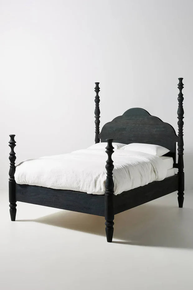 Poster Bed Wood Four‑ Headboard  Footboard, Matte Black or Distressed White Finish, Available in Queen  King Sizes