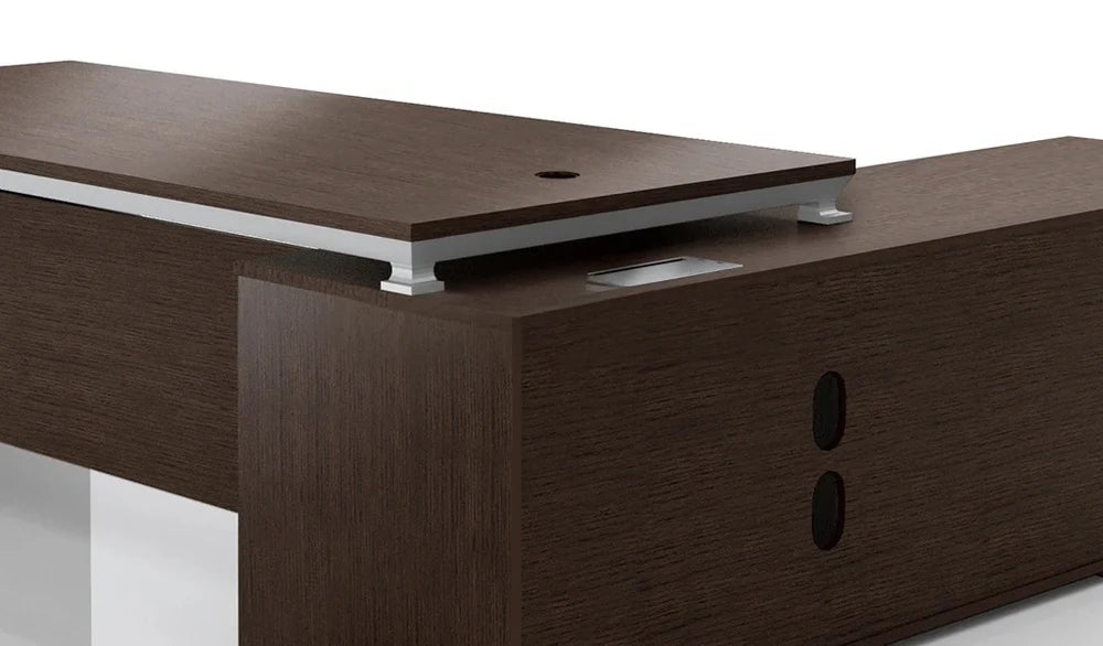 Director L-Shape Table Luxury Modern Office Desk with Made in Plywood and Dark Oak Veneer Wire Management