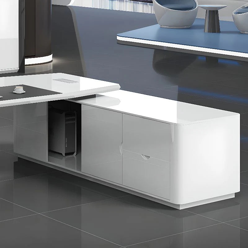 Luxury Director L-Shape Office Table Desk Made in Plywood with Veneer Wire Manager Drawers Lockable and Storage for a Modern Workspace