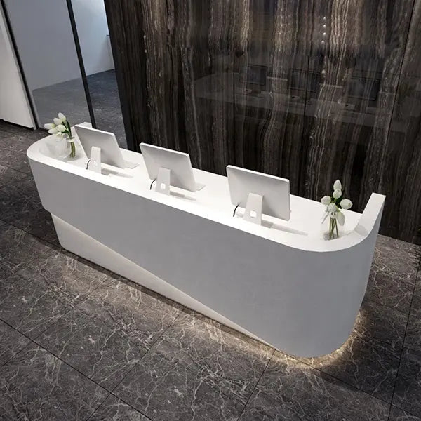 Reception Table for Office Luxury Modern Counter Stylish Design Made in MDF and LED Light Multi Drawers & Round Wire Manager Openable Shutter- White Color