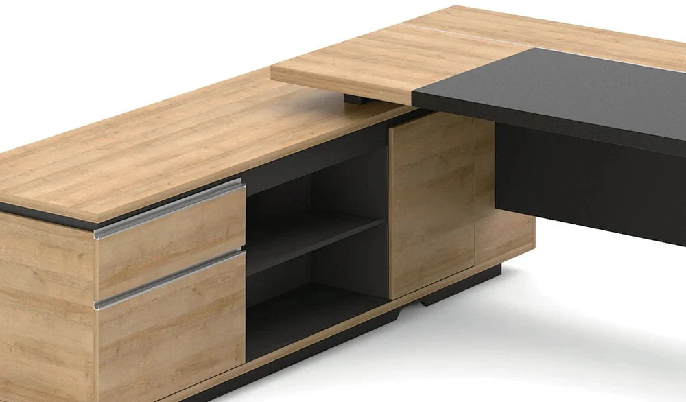 Luxury Director L-Shape Office Table and Side Unit with Side Unit , Wire Management, and Charcoal Black Panel