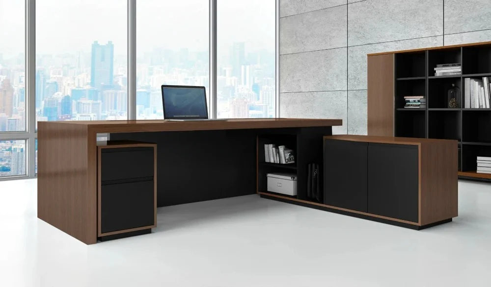 Director L-Shape Table Luxury Modern Office Desk Made in Plywood with Side unit drawers and Openable Storage & Pedestal