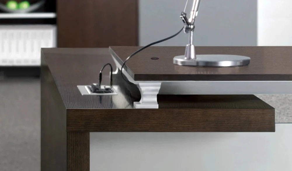 Director L-Shape Table Luxury Modern Office Desk Made in Plywood with Aluminum Frame & Integrated Wire Manager and Pedestal