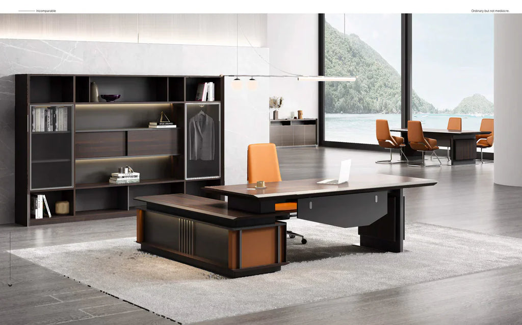 Luxury Modern L-Shape Office Desk with Side Unit and Storage in Brown Walnut Multi-Functional MDF with Wire Management
