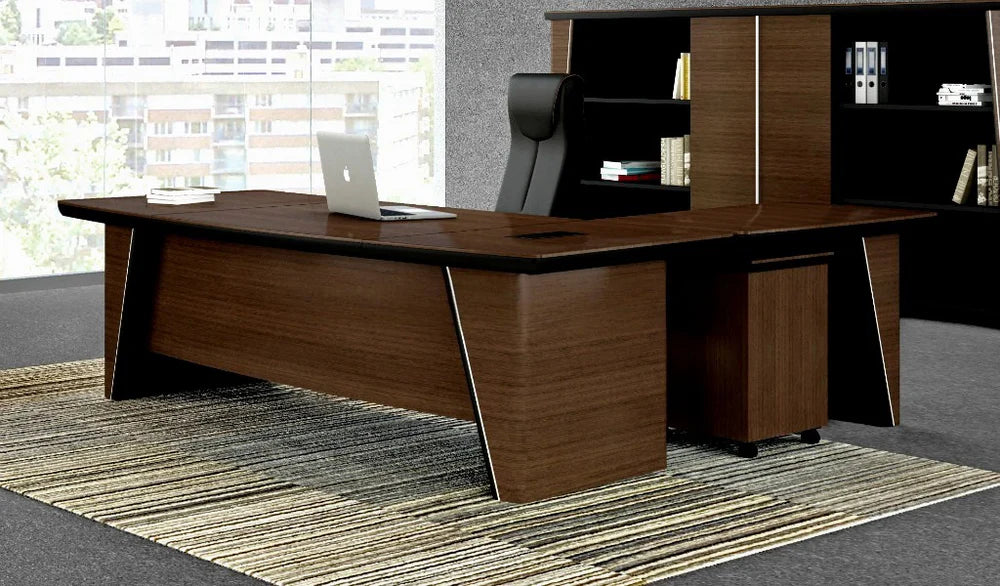 Director L-Shape Office Table Luxury Design Made in MDF with Wire manager, Side Unit and Drawers, storage