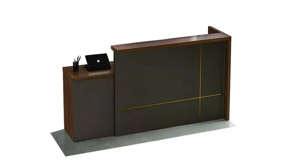 Reception Table Made In Engineered Wood with Matte Grey & King Walnut Laminate and Inlaid Brass Strip Detailing, Built In Storage