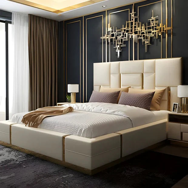 Queen Bed for Home Furniture with Upholstered headboard with sleek metal accents for your luxury Bedroom.;