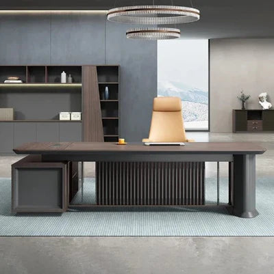 Director & Executive L-Shape Office Table Modern Desk with Side Open Shelves, Drawer, CPU Storage & Wire Manager