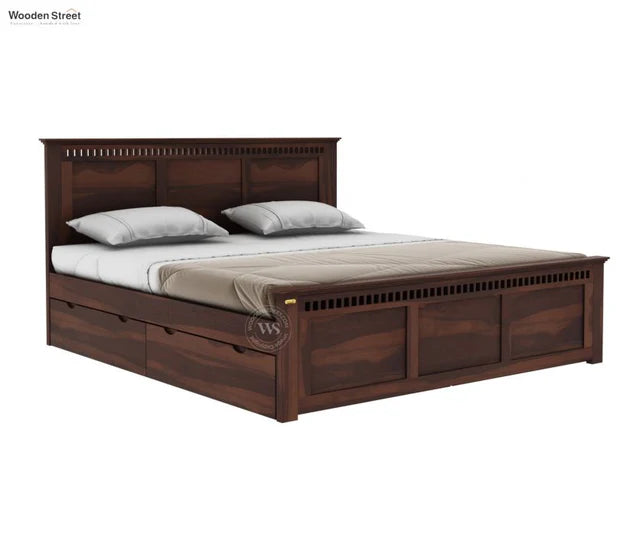 King‑size Sheesham wood bed with stylish headboard  hydraulic under‑bed storage, elegant walnut finish