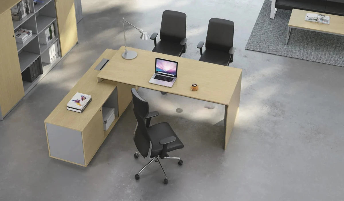 Director L-Shape Table Luxury Modern Office Desk Made in Plywood with Wire Manager Side unit drawers and Openable Storage