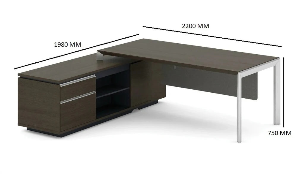 Director L-Shape Table Luxury Modern Office Desk with Made in MDF and Drawers & Storage Wire Management Dark Oak & Carbon Gray