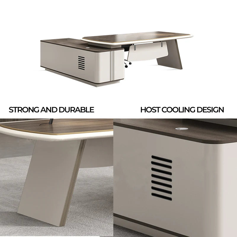 Director L-Shape Office Table Luxury Desk with Multi-Function Ports, Hettich & Blum Hardware Drawers and Ample Storage