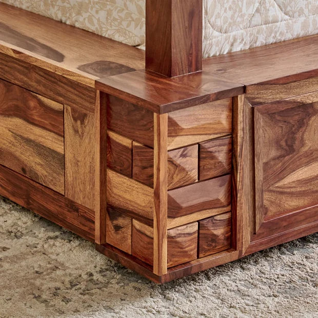 Queen Size Solid Sheesham Wood Poster Bed with Soft Headboard ; without Storage;