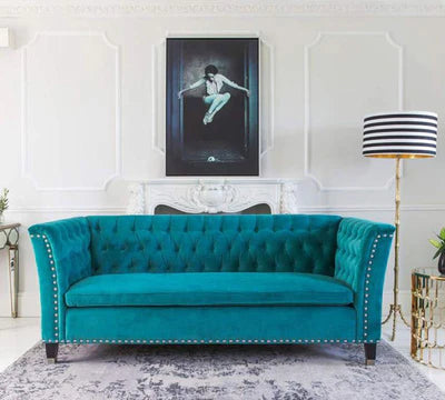 3 Seater Sofa Velvet Fabric Soft Seating with Tufted Design Sofa for Home, Wooden Frame and Legs with Polish