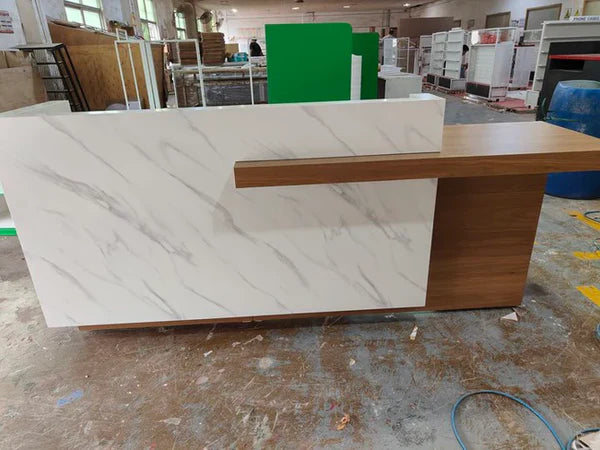 Reception Table for Office Luxury Modern Round Custom Counter Stylish Design Made in MDF with Marble Pattern and drawer Keyboard tray and CPU Space and Storage