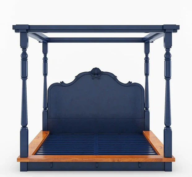 Poster Bed in Solid Sheesham Wood with Handcrafted Headboard, Two-Tone Finish, and Royal Design