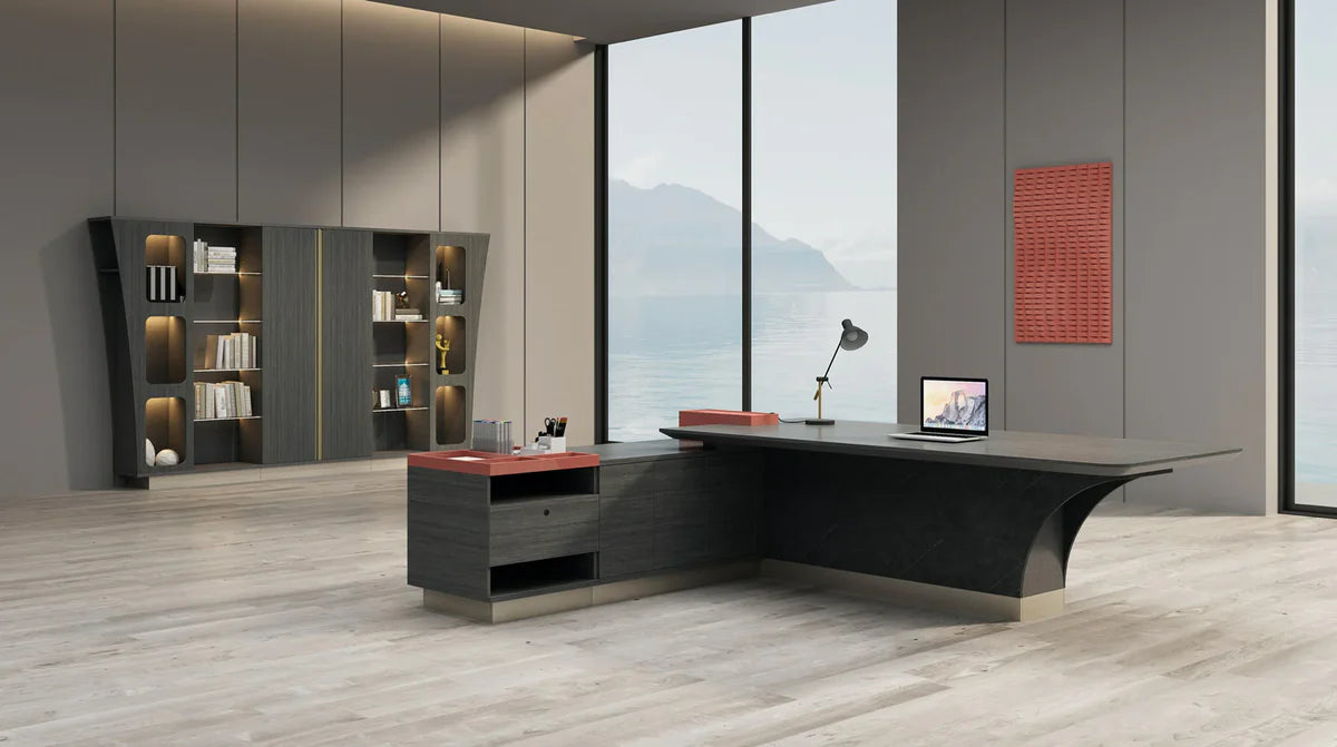 Director l-Shaped for office Table and Luxury Design Made in Ply with Veneer & Edge Banding and Brown Oak Finish