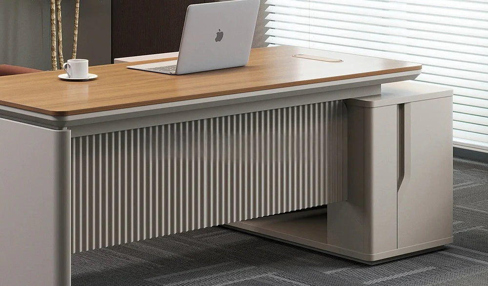 Director L-Shape Office Table Luxury Design and side Unit with Side unit, Wire Management, and Golden Sandal Wood & Seagull Gray
