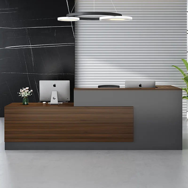 Reception Table for Office Luxury Modern Counter Stylish Design and Drawers Bookshelf Ample Storage & Openable Storage - Grey & Brown