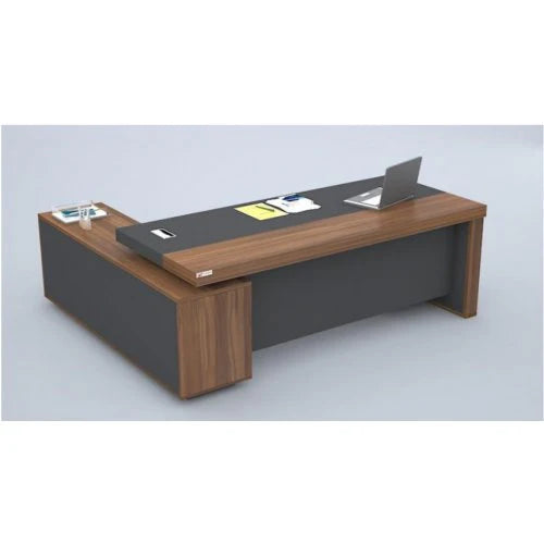 Director L-Shaped Office Table Luxury Design Double-layer Gable End and Modesty Panel Walnut & Grey Office