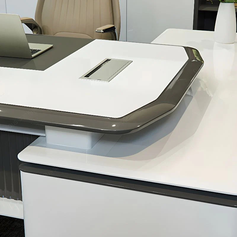 Director L-Shape Office Table Luxury Desk Made in Plywood with Veneer Reversible Orientation, Wire Manager, and CPU Storage
