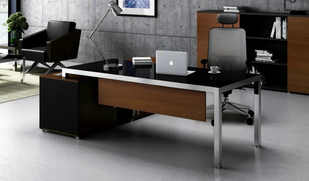 Director L-Shape Table Luxury Modern Office Desk Made in MDF with MS Metal Frame Multi Drawers and Storage & CPU Space