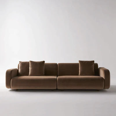 3 Seater Sofa Minimalist Living Room with Luxe Brown Suede Sofa &amp; Sculptural Decor