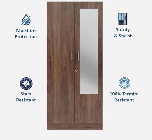 Wooden Wardrobe with Modern Design & Durable Self with 2 Door, Drawer & Mirror