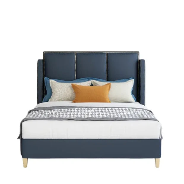 Luxury Blue King Size Bed, Leatherette Upholstered Plywood Frame