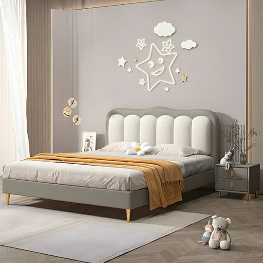 Leatherette King Size Bed – Solid Wood Frame, High-Density Foam Padded, Headboard, Metal Legs