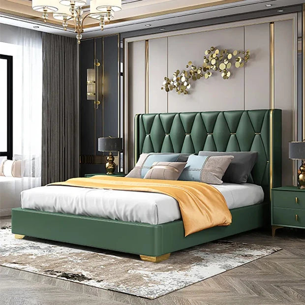 Modern Green Velvet Upholstered Bed with Gold-Tone Frame – Wooden Fram