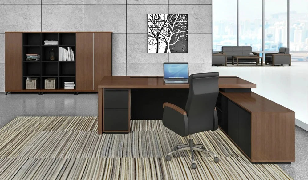 Director L-Shape Table Luxury Modern Office Desk Made in Plywood with Side unit drawers and Openable Storage & Pedestal