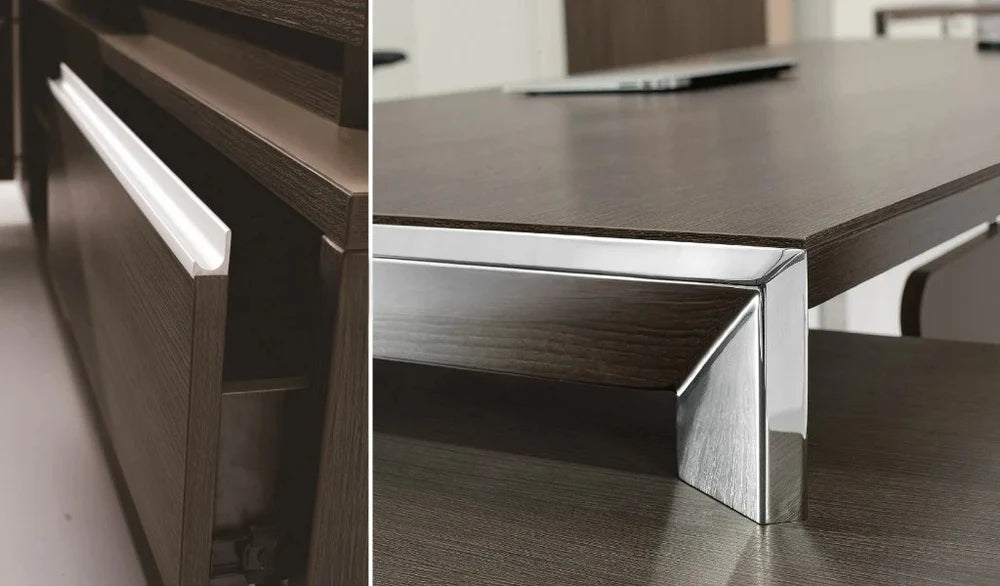 Director L-Shape Table Luxury Modern Office Desk with Made in MDF and Drawers & Storage Wire Management Dark Oak & Carbon Gray