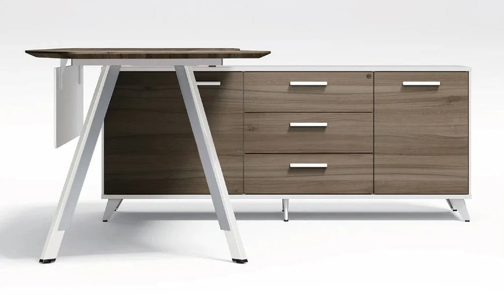 Director L-Shape Office Table Luxury Design and side unit Ergonomic Curved Top and Wire Manager & Metal Legs