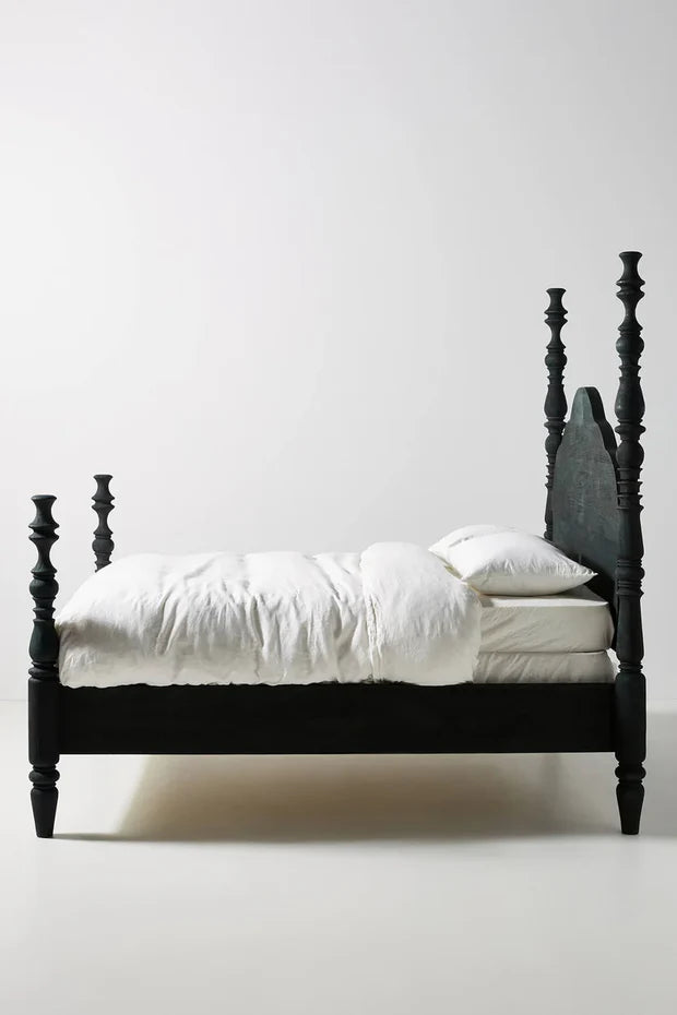 Poster Bed Wood Four‑ Headboard  Footboard, Matte Black or Distressed White Finish, Available in Queen  King Sizes
