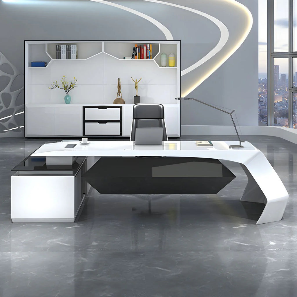 Director & Executive L-Shape Office Table Luxury Desk Made in MDF with Side Unit Drawer and Storage Wire Manager & CPU Storage