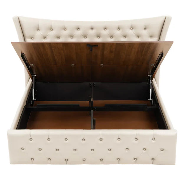 King Size Upholstered Storage Bed – Solid Wood Frame, Hydraulic Lift Storage, Stylish for Modern Bedrooms