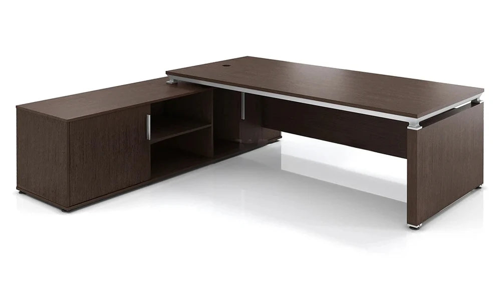 Director L-Shape Table Luxury Modern Office Desk with Made in Plywood and Dark Oak Veneer Wire Management