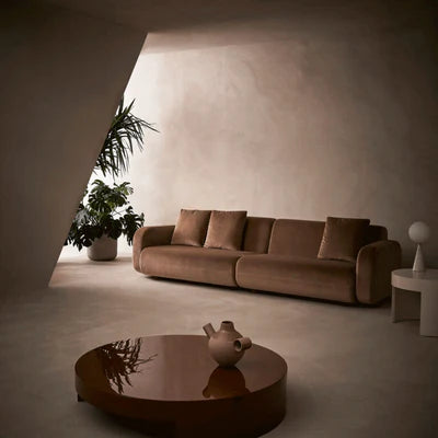 3 Seater Sofa Minimalist Living Room with Luxe Brown Suede Sofa &amp; Sculptural Decor