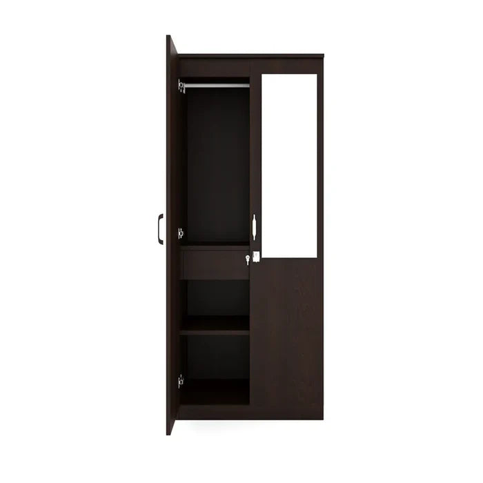 Wooden Wardrobe In 2 Doors with Mirror – Clean Design with Lock and Open Shelves