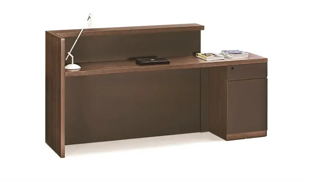 Reception Table Made In Engineered Wood with Matte Grey & King Walnut Laminate and Inlaid Brass Strip Detailing, Built In Storage
