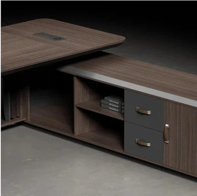 Director & Executive L-Shape Office Table Modern Desk with Side Open Shelves, Drawer, CPU Storage & Wire Manager