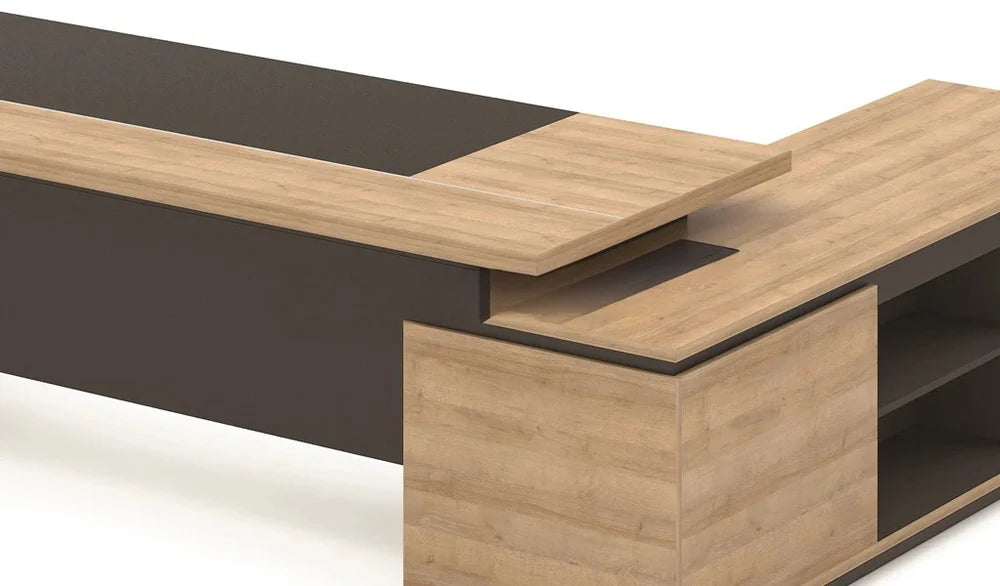 Luxury Director L-Shape Office Table and Side Unit with Side Unit , Wire Management, and Charcoal Black Panel